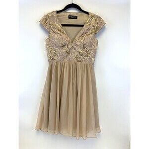 Bariano Cocktail Dress Champagne Gold Sequin Lace Chiffon Fit And Flare Small